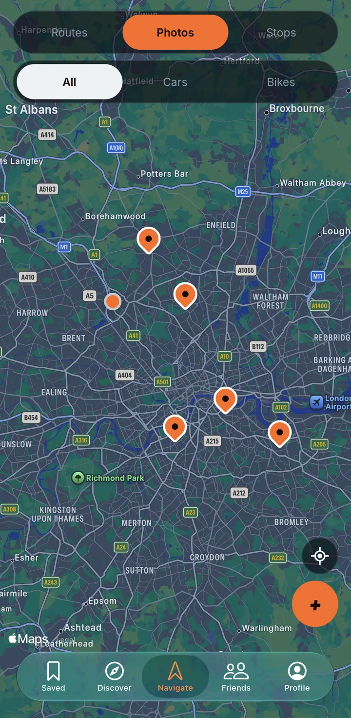 RoadCom map of London with orange pins for stops and photo spots
