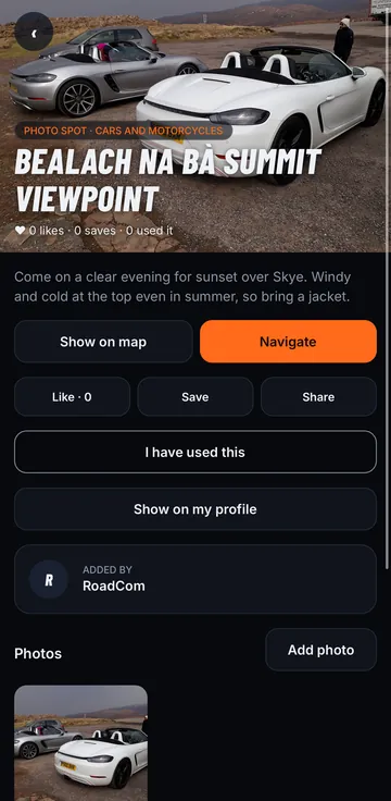 RoadCom screen: Photo spots from locals